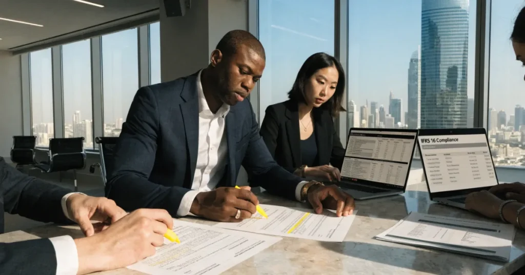 Business team discussing Accounting requirements under IFRS 16 with lease agreements and financial reporting documents.