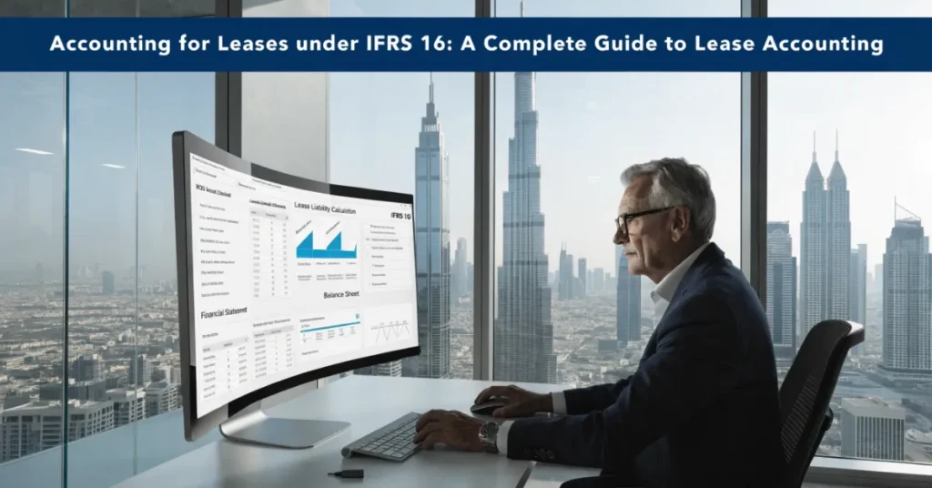 Accounting professional reviewing IFRS 16 lease accounting, Right-of-Use Assets, Lease Liabilities and financial reporting for business compliance.