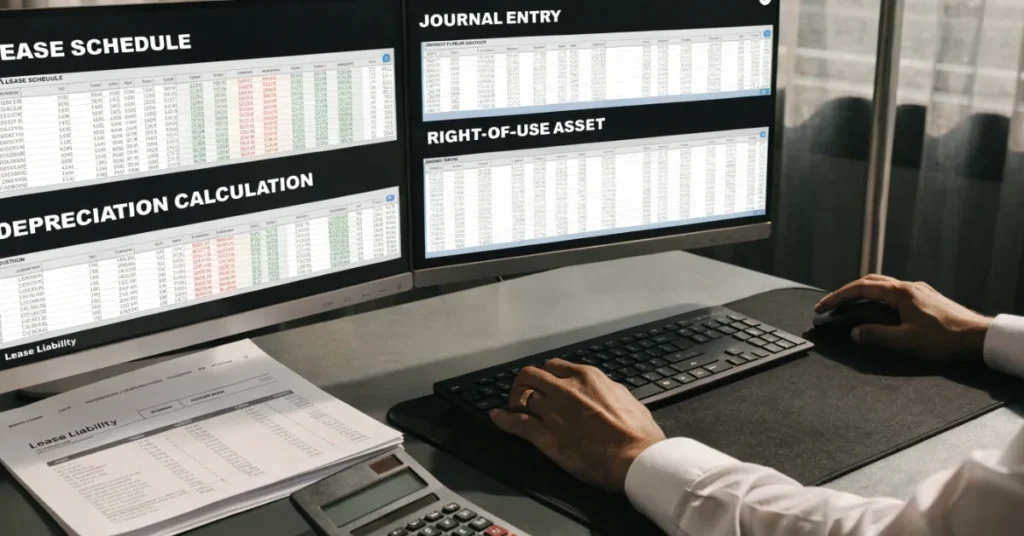 Professional Accounting process showing IFRS 16 lease journal entries, lease liabilities and financial reporting preparation.