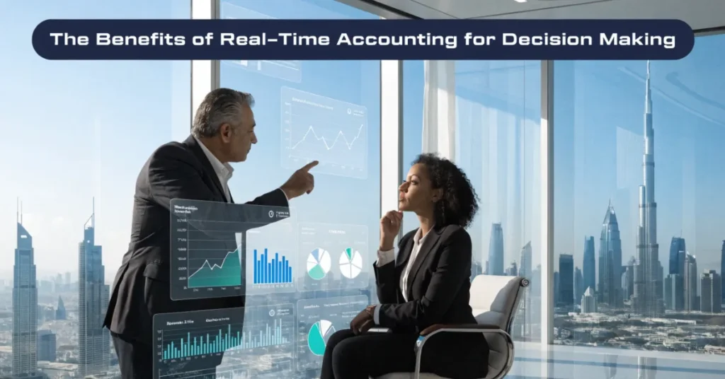 Accounting professionals reviewing real-time financial dashboards to improve business decision-making in a modern UAE corporate office.