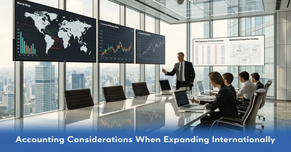 Accounting Considerations for international business expansion with finance professionals reviewing global financial reports and compliance strategies.