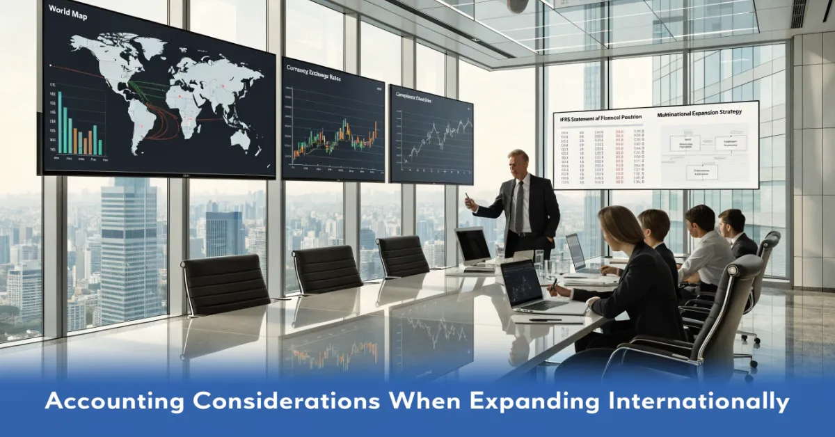 Accounting Considerations for international business expansion with finance professionals reviewing global financial reports and compliance strategies.