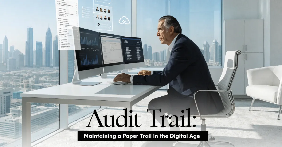 Audit Trail in digital accounting showing secure financial records, document tracking, and compliance for UAE businesses.