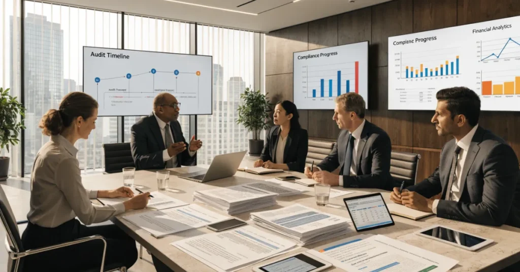 Auditing procedures being performed for multiple industries using financial reports and compliance documentation.