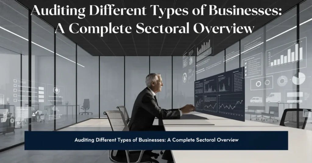 Auditing professionals reviewing financial reports and compliance across different business sectors in a modern corporate office.