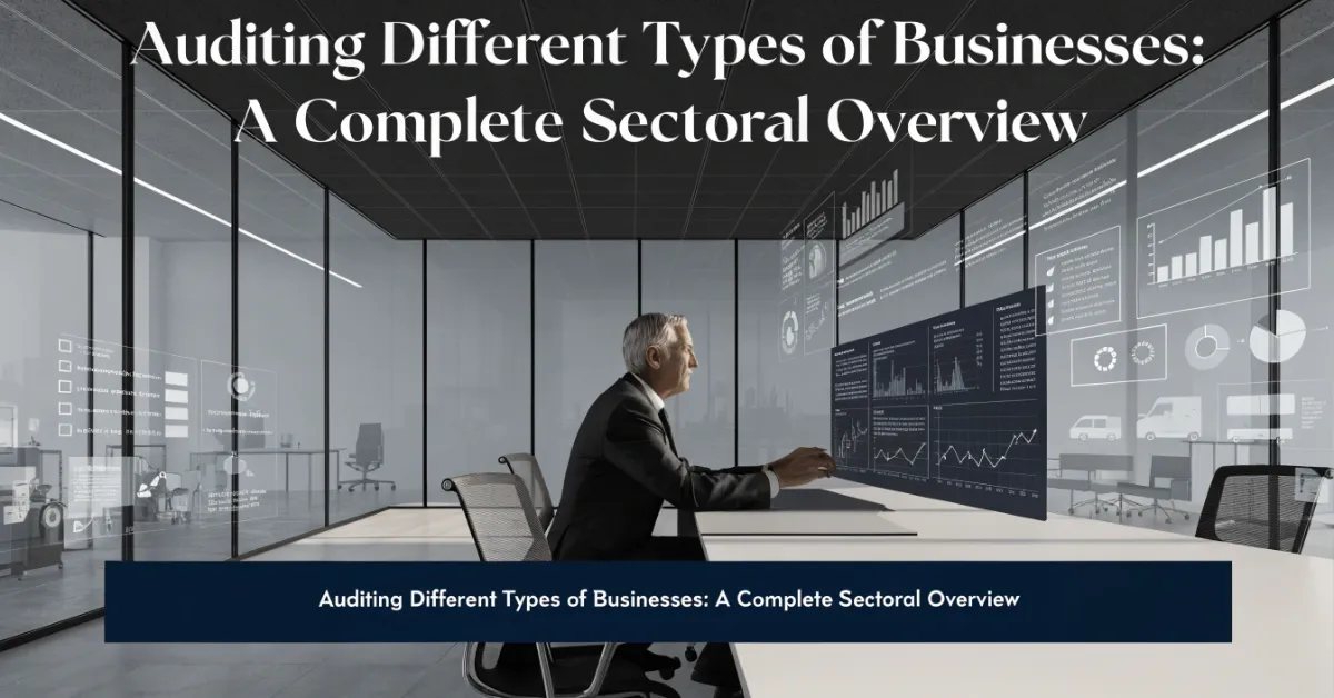 Auditing professionals reviewing financial reports and compliance across different business sectors in a modern corporate office.