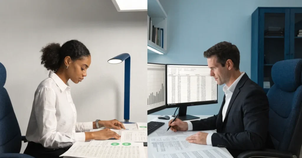 Business workflow illustrating Bookkeepers vs Accountants through daily bookkeeping tasks and strategic financial analysis.
