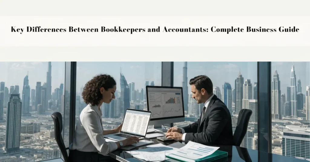 Bookkeepers vs Accountants comparison showing bookkeeping and accounting professionals working together in a modern UAE corporate office.