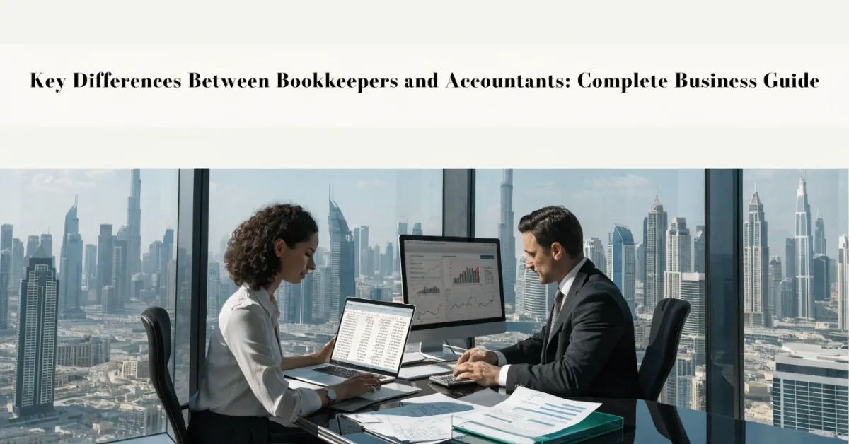 Bookkeepers vs Accountants comparison showing bookkeeping and accounting professionals working together in a modern UAE corporate office.