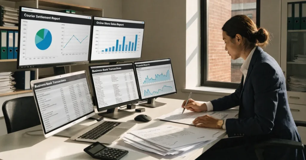 Cash on Delivery reconciliation process comparing courier settlements, bank deposits, and accounting records for accurate financial reporting.