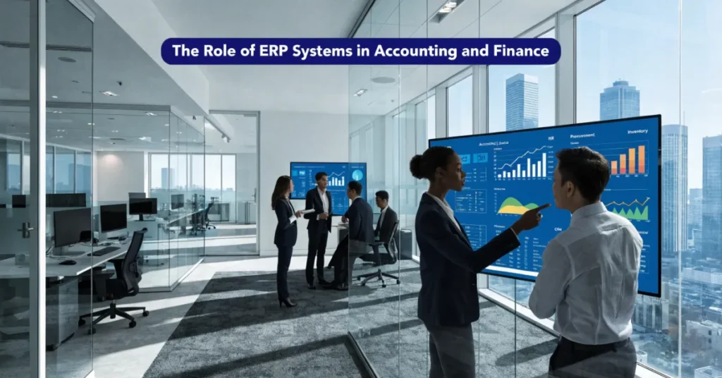 ERP Systems for accounting and finance showing an integrated business dashboard with real-time financial reporting and enterprise resource planning.