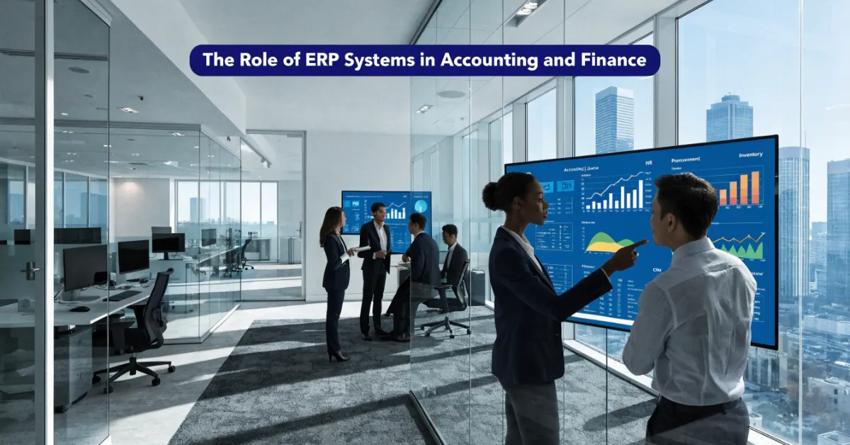 ERP Systems for accounting and finance showing an integrated business dashboard with real-time financial reporting and enterprise resource planning.