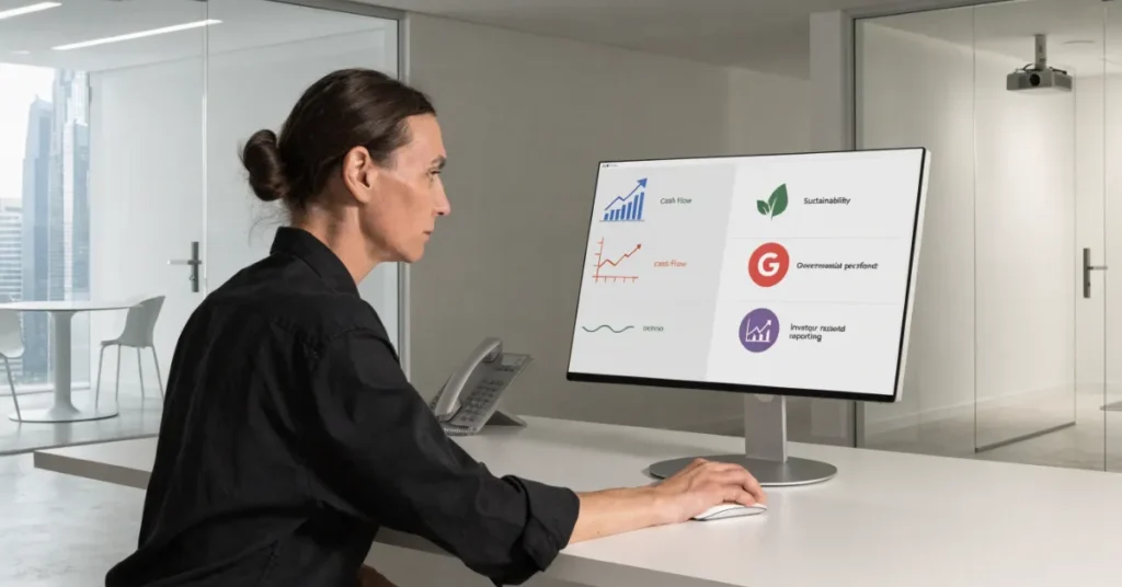 Professional accountant reviewing ESG Reporting data alongside financial statements and sustainability performance metrics.