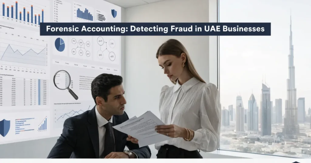 Forensic Accounting professional reviewing financial records to detect fraud and strengthen financial compliance in UAE businesses.