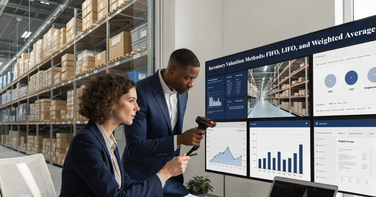 Inventory Valuation methods with finance professionals analyzing inventory costs, stock movement, and financial reporting.