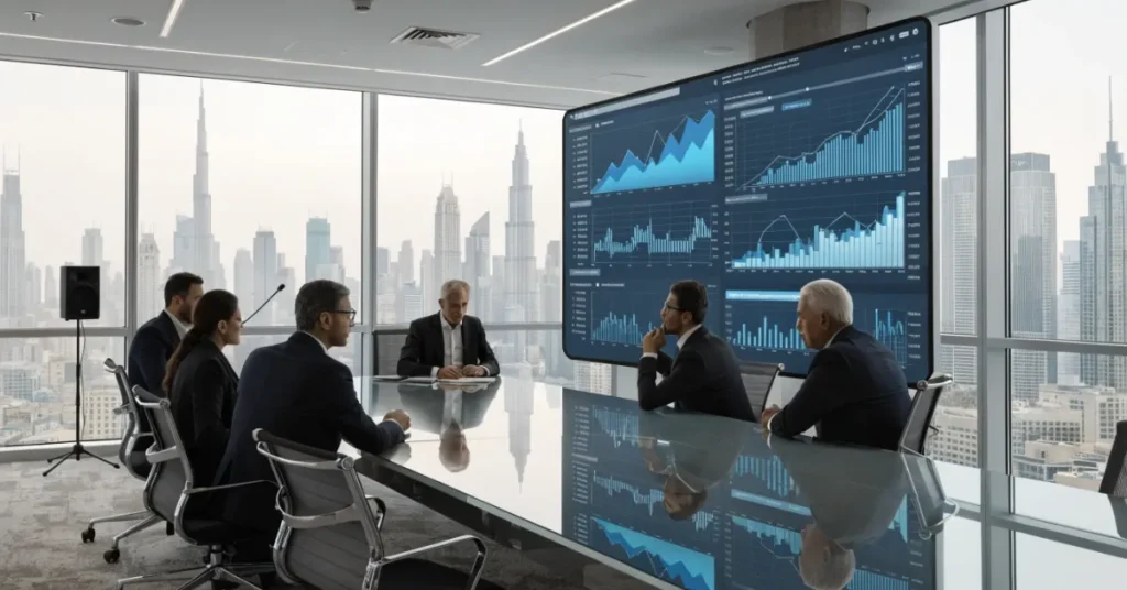 Business executives using Machine Learning insights for financial forecasting, reporting, and strategic accounting decisions.