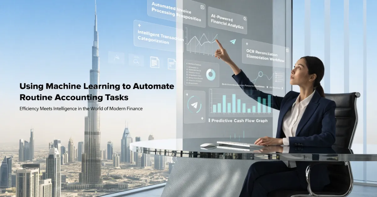 Machine Learning transforming routine accounting tasks through intelligent financial automation in a modern corporate finance office.