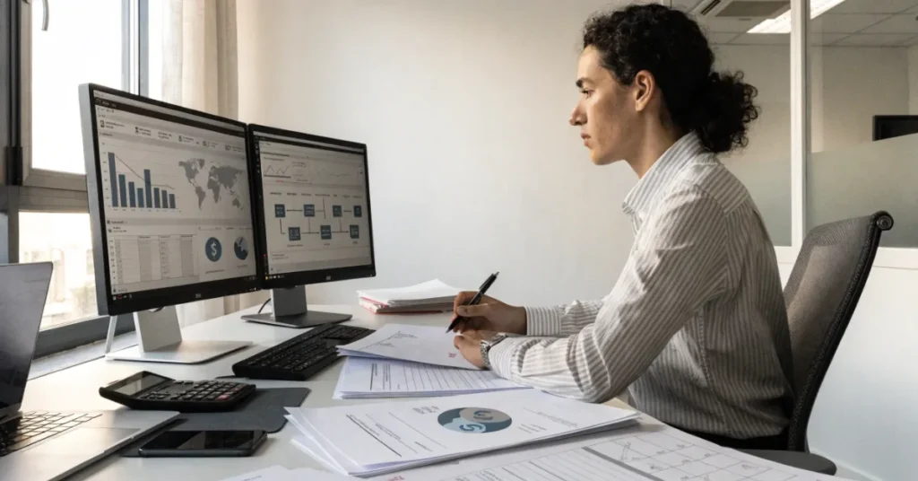 Accountant recording Multi-Currency Transactions and managing foreign currency conversions for accurate financial reporting.