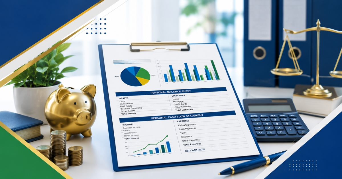 Personal financial statement with calculator and financial planning tools for business owners.
