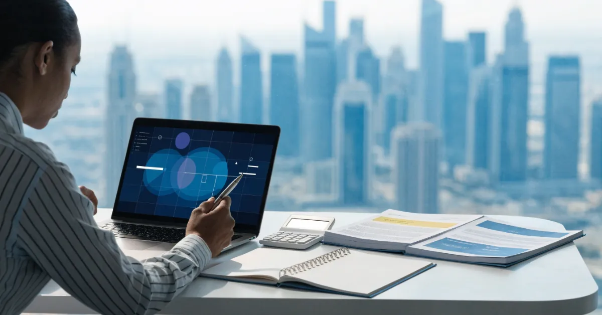 Business turnover assessment for UAE Corporate Tax Filing with financial reports and accounting records in a professional office.