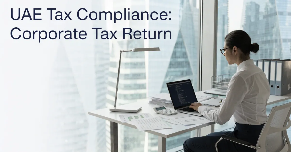 FTA compliance and Corporate Tax Filing process with accountant preparing UAE tax return in a professional corporate workspace.