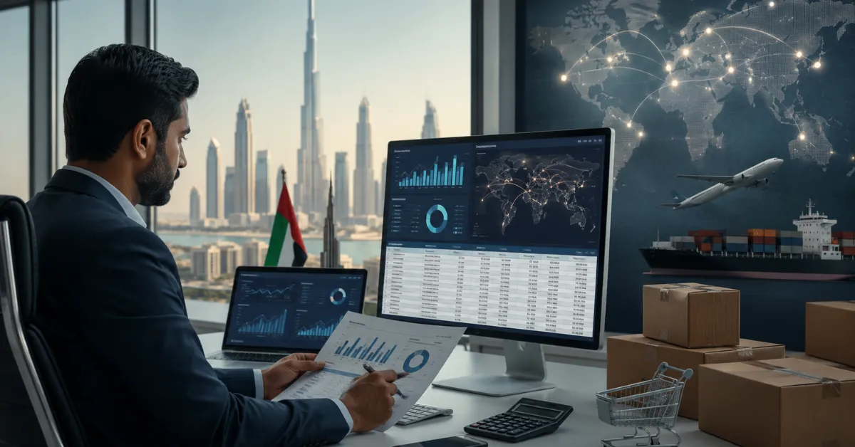 Cross-border e-commerce VAT UAE showing import VAT, customs clearance and overseas inventory entering a Dubai warehouse.