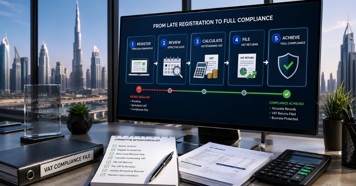 Late VAT Registration UAE compliance visual showing the AED 10,000 administrative penalty for delayed VAT registration.