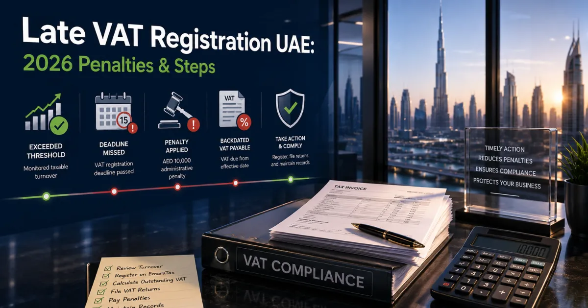 Late VAT Registration UAE corrective steps covering registration, backdated VAT review, outstanding returns and compliance.