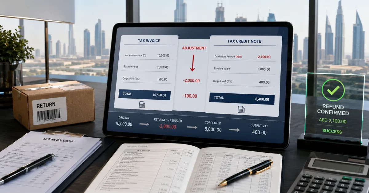 Output Tax Adjustments in UAE audit trail linking the original invoice, tax credit note, accounting correction and VAT return.
