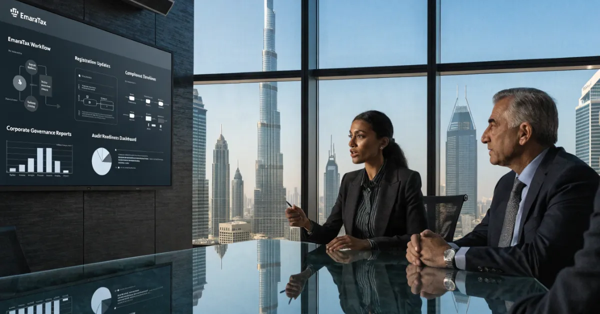 Finance professionals reviewing Tax Record Update UAE documents to ensure accurate FTA registration and tax compliance.