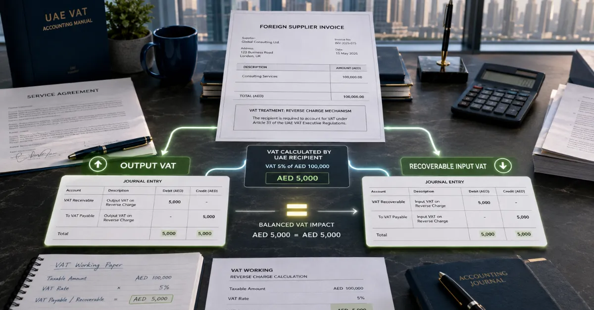 UAE Reverse Charge Mechanism accounting showing output VAT and recoverable input VAT recorded from an overseas supplier invoice.