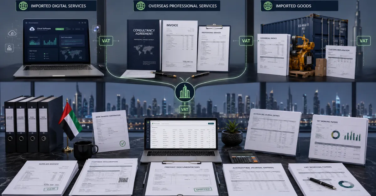 UAE Reverse Charge Mechanism compliance for imported services, overseas consultancy and imported goods with supporting VAT documentation.