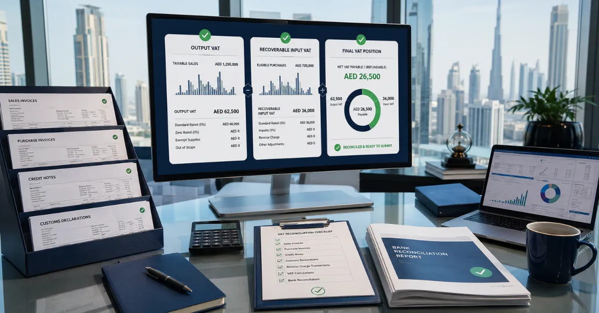 UAE VAT Return 2026 VAT201 boxes showing taxable supplies, imports, reverse charge transactions and recoverable input VAT.