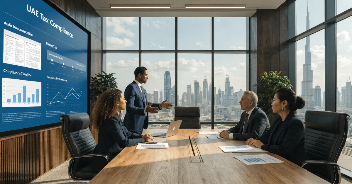 Finance professionals reviewing Voluntary Disclosure UAE records to ensure accurate VAT reporting and Corporate Tax compliance.