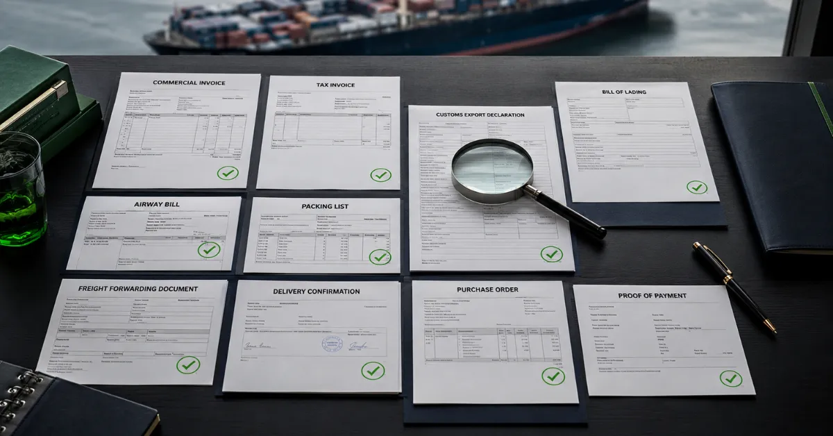 Zero-Rated Exports UAE evidence file with customs declaration, bill of lading, tax invoice and shipping documents for 0% VAT.