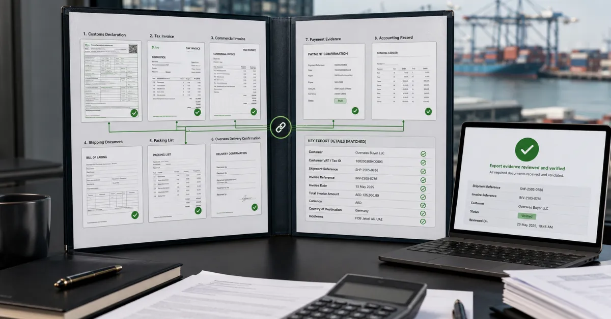 Zero-Rated Exports UAE audit-ready VAT evidence file supporting 0% VAT treatment during an FTA review.