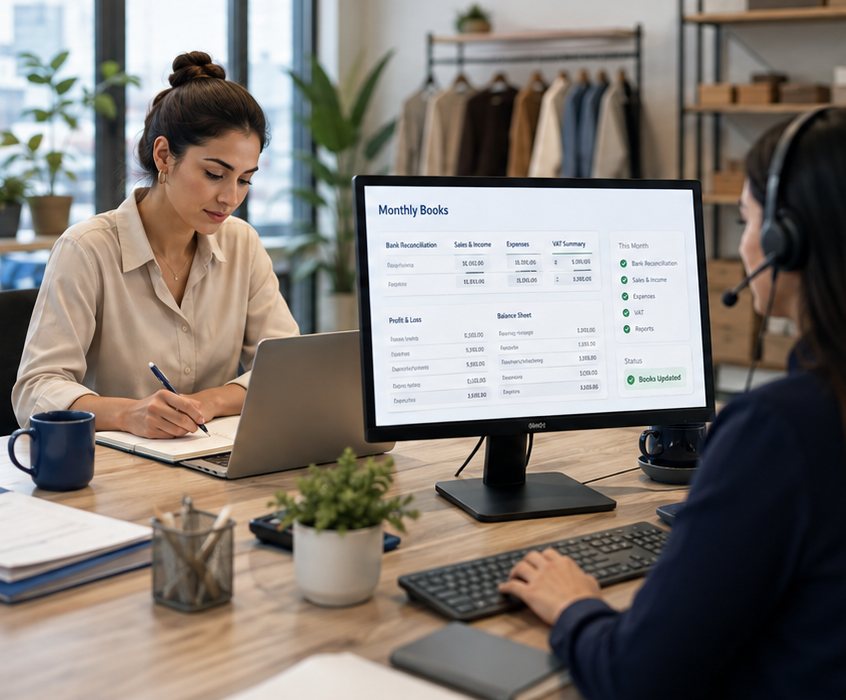 A Ripple bookkeeper and a client reviewing a monthly books dashboard together in a Dubai office