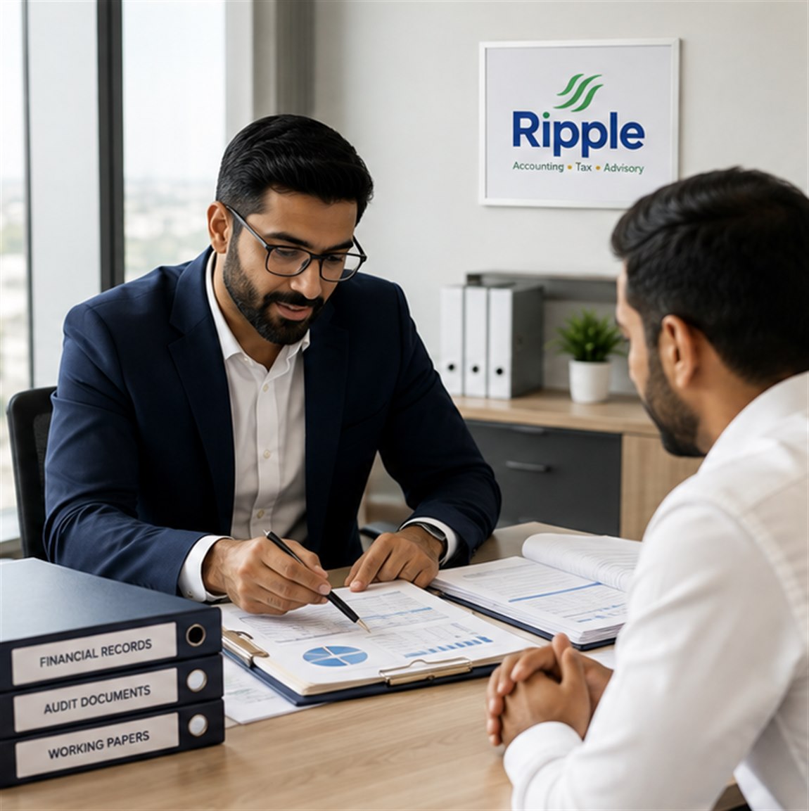 Ripple audit specialist walking a client through working papers and financial records