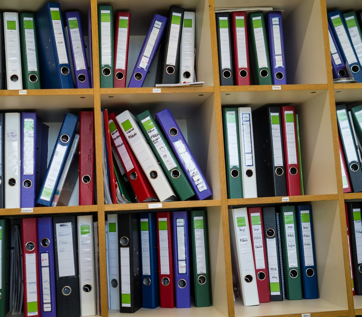 Labelled lever-arch files filed in order across office shelving