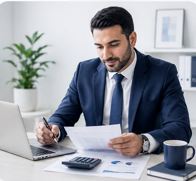 A UAE accountant reviewing a client's figures at a desk with a laptop, calculator and financial statements