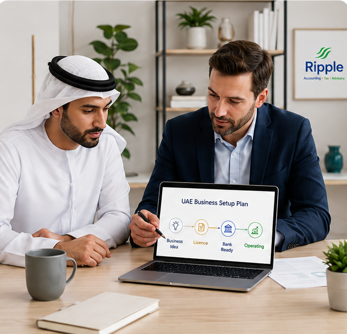 Ripple adviser walking a client through a UAE business setup plan on a laptop