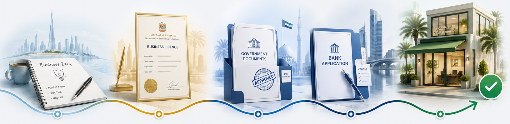 The UAE setup journey: a business idea, a trade licence, government paperwork, a bank application and an operating business