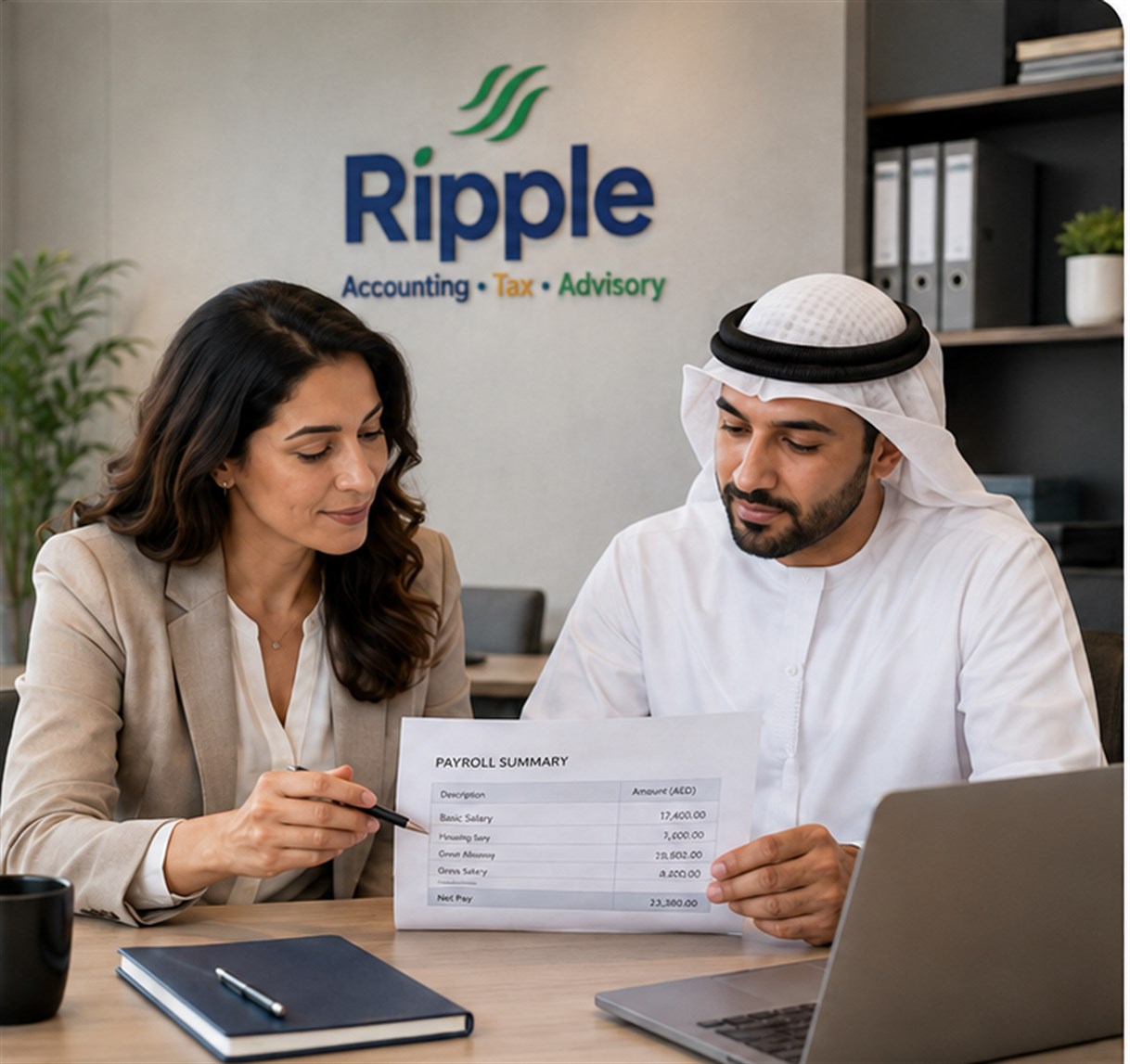 Ripple payroll specialist reviewing a monthly payroll summary with a client