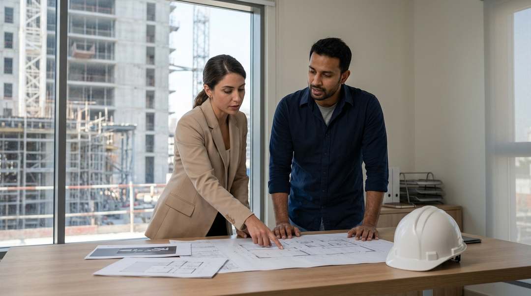 Two Ripple advisers going through a contractor&rsquo;s drawings and certificates