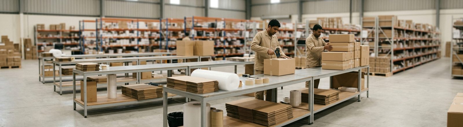 A fulfilment floor in a UAE e-commerce warehouse with parcels being packed for dispatch