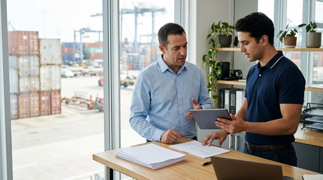 A Ripple adviser going through job files and shipping costs with a freight forwarder