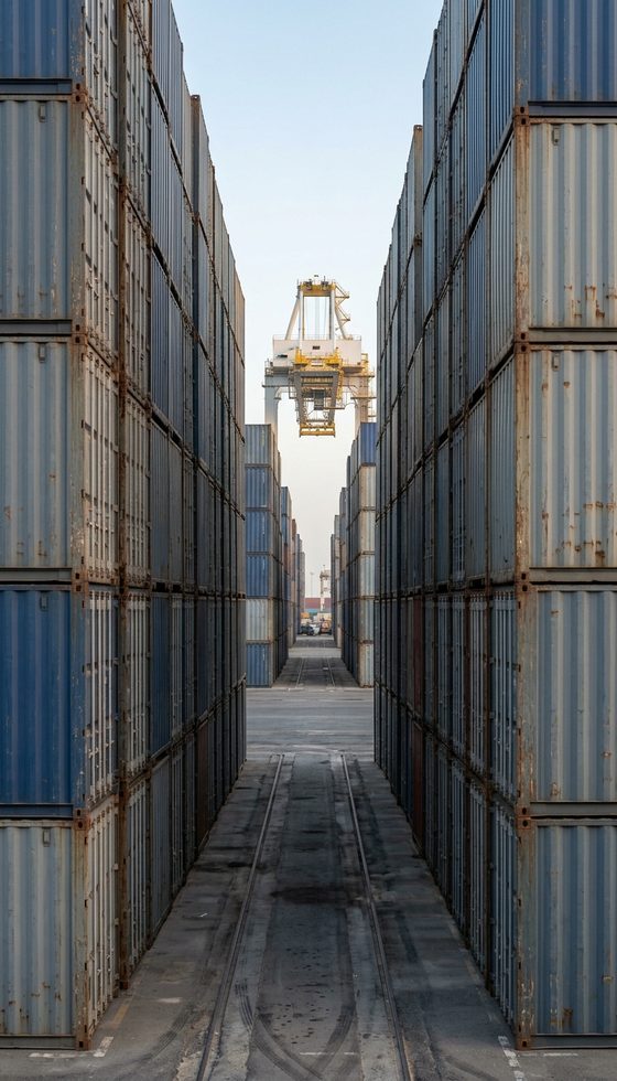 Stacked shipping containers at a UAE port terminal
