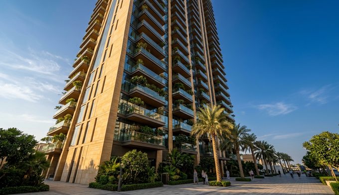 A residential apartment tower in Dubai seen from the street