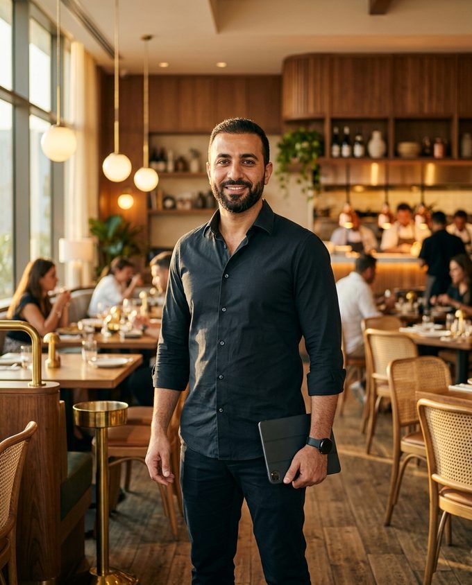 A Ripple adviser reviewing daily takings with a restaurant owner in a Dubai dining room