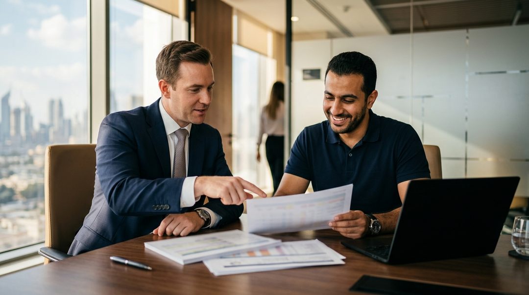 A Ripple adviser going through contract costs and manpower numbers with a facility management company's operations manager